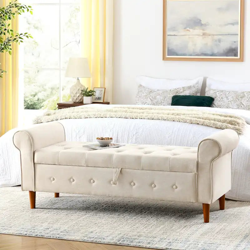 Banc de rangement capitonné en tissu avec accoudoirs arrondis – Gris / Noir / Beige / Bleu, 2 places