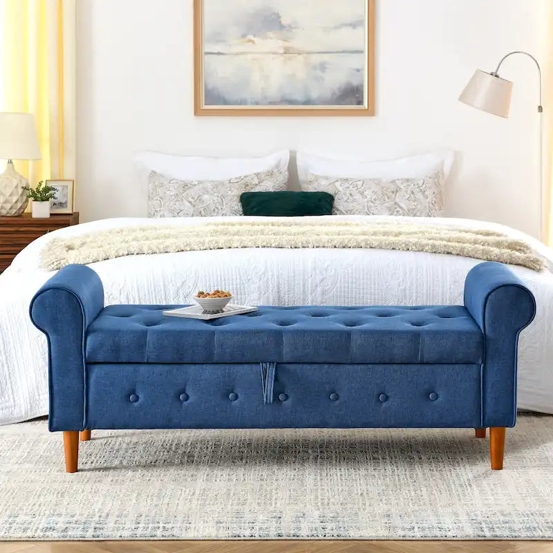 Banc de rangement capitonné en tissu avec accoudoirs arrondis – Gris / Noir / Beige / Bleu, 2 places