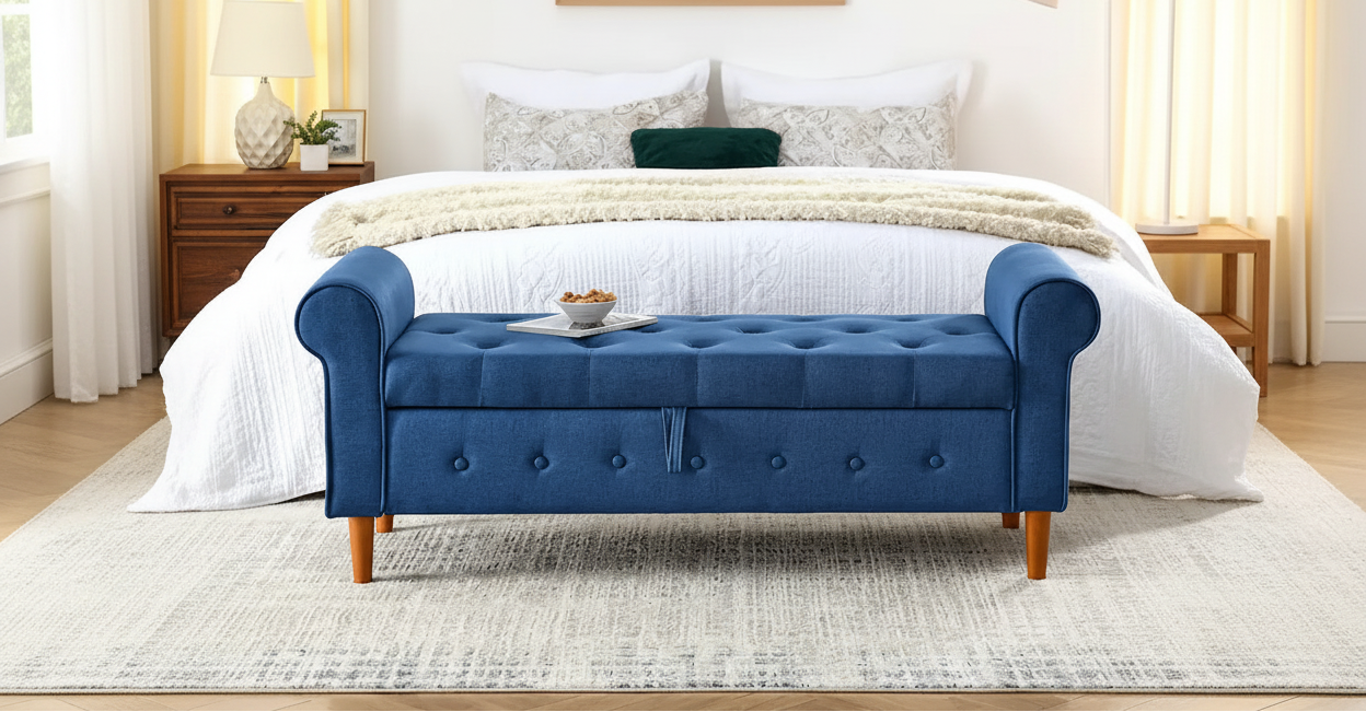 Modern Fabric Upholstered Storage Bench with Tufted Button and Rolled Arm