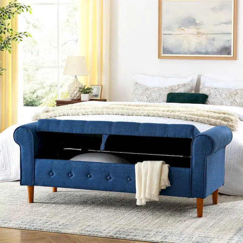 Banc de rangement capitonné en tissu avec accoudoirs arrondis – Gris / Noir / Beige / Bleu, 2 places