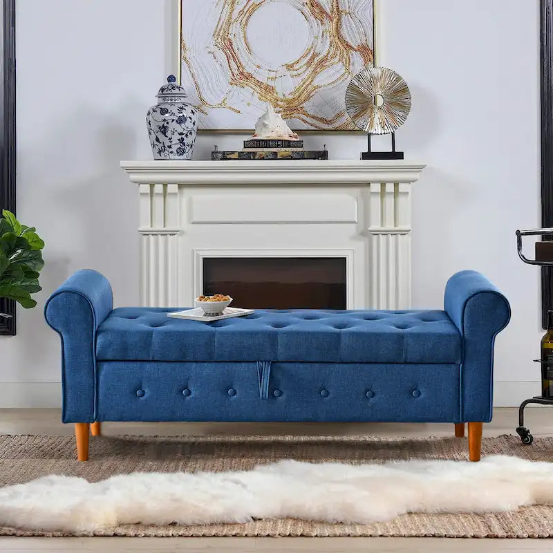 Banc de rangement capitonné en tissu avec accoudoirs arrondis – Gris / Noir / Beige / Bleu, 2 places
