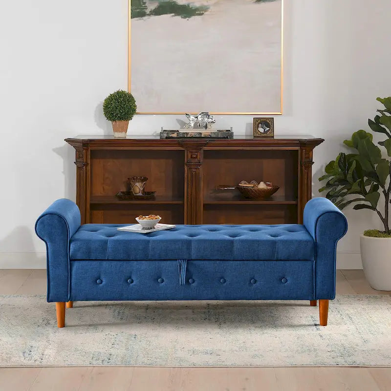 Banc de rangement capitonné en tissu avec accoudoirs arrondis – Gris / Noir / Beige / Bleu, 2 places