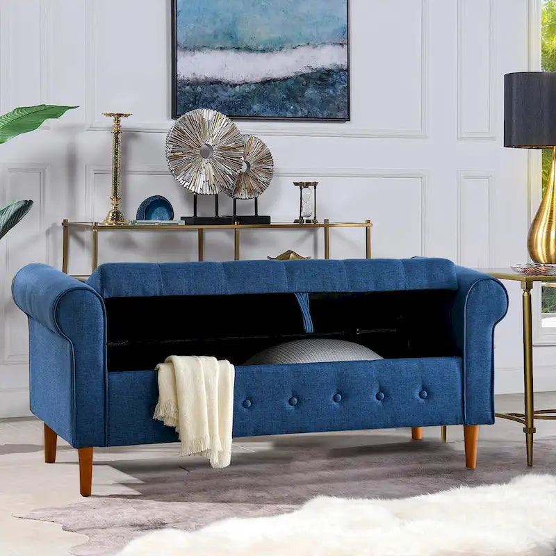Banc de rangement capitonné en tissu avec accoudoirs arrondis – Gris / Noir / Beige / Bleu, 2 places