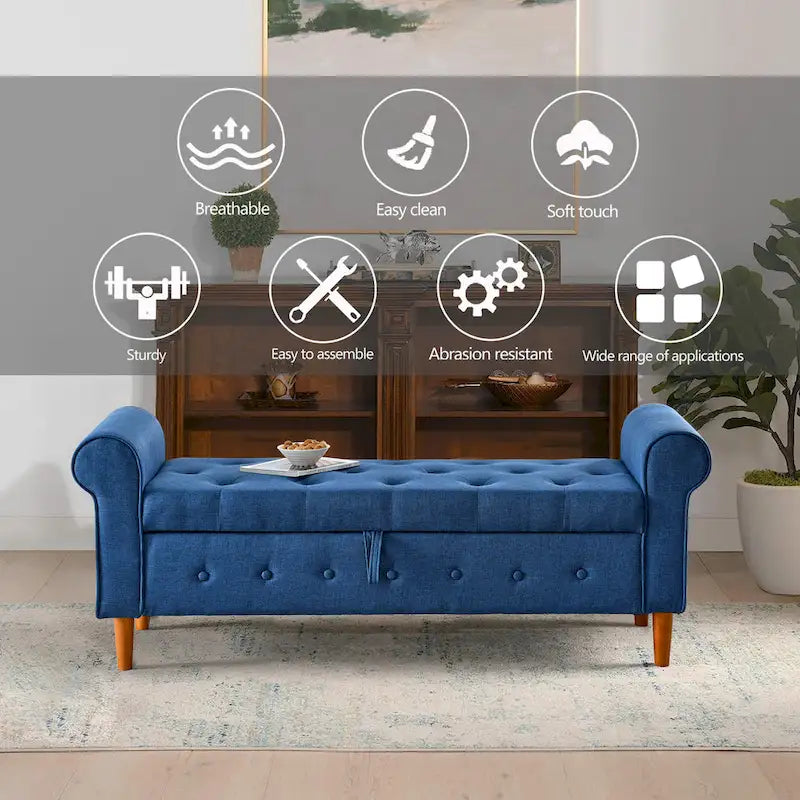 Banc de rangement capitonné en tissu avec accoudoirs arrondis – Gris / Noir / Beige / Bleu, 2 places