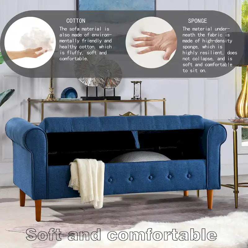 Banc de rangement capitonné en tissu avec accoudoirs arrondis – Gris / Noir / Beige / Bleu, 2 places