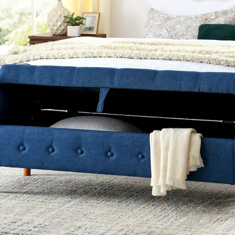Banc de rangement capitonné en tissu avec accoudoirs arrondis – Gris / Noir / Beige / Bleu, 2 places