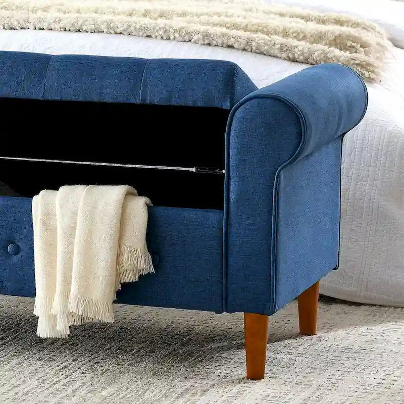 Banc de rangement capitonné en tissu avec accoudoirs arrondis – Gris / Noir / Beige / Bleu, 2 places