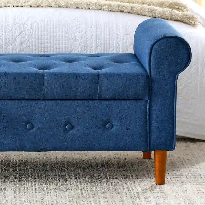 Banc de rangement capitonné en tissu avec accoudoirs arrondis – Gris / Noir / Beige / Bleu, 2 places