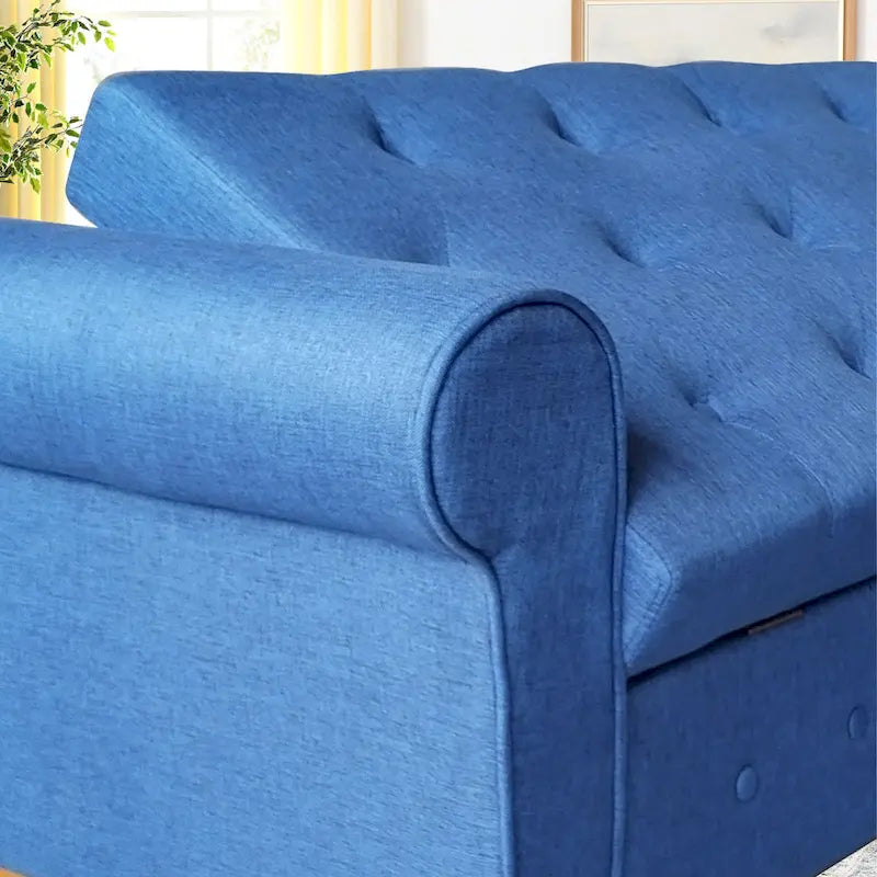 Banc de rangement capitonné en tissu avec accoudoirs arrondis – Gris / Noir / Beige / Bleu, 2 places