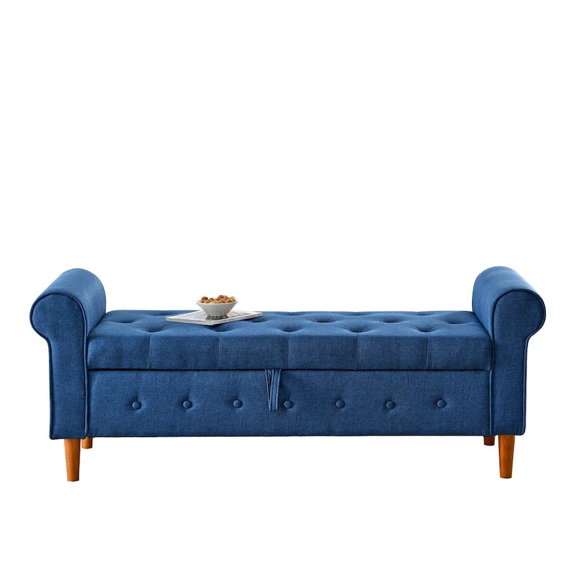 Banc de rangement capitonné en tissu avec accoudoirs arrondis – Gris / Noir / Beige / Bleu, 2 places