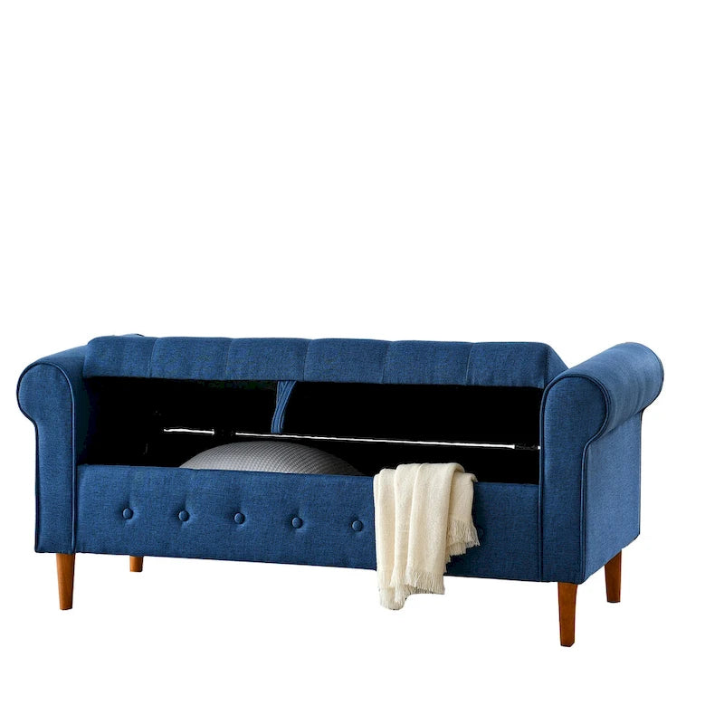 Banc de rangement capitonné en tissu avec accoudoirs arrondis – Gris / Noir / Beige / Bleu, 2 places