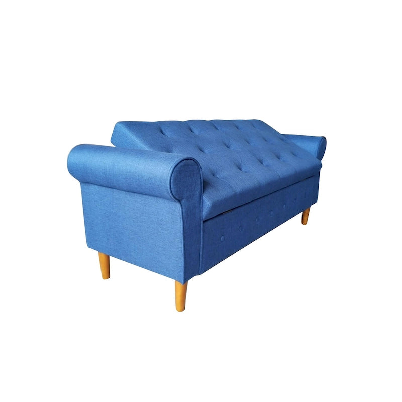 Banc de rangement capitonné en tissu avec accoudoirs arrondis – Gris / Noir / Beige / Bleu, 2 places