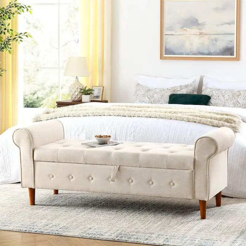 Banc de rangement capitonné en tissu avec accoudoirs arrondis – Gris / Noir / Beige / Bleu, 2 places