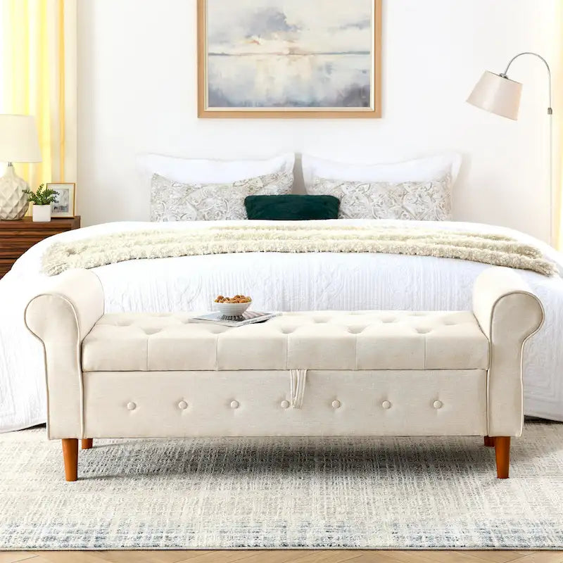 Banc de rangement capitonné en tissu avec accoudoirs arrondis – Gris / Noir / Beige / Bleu, 2 places