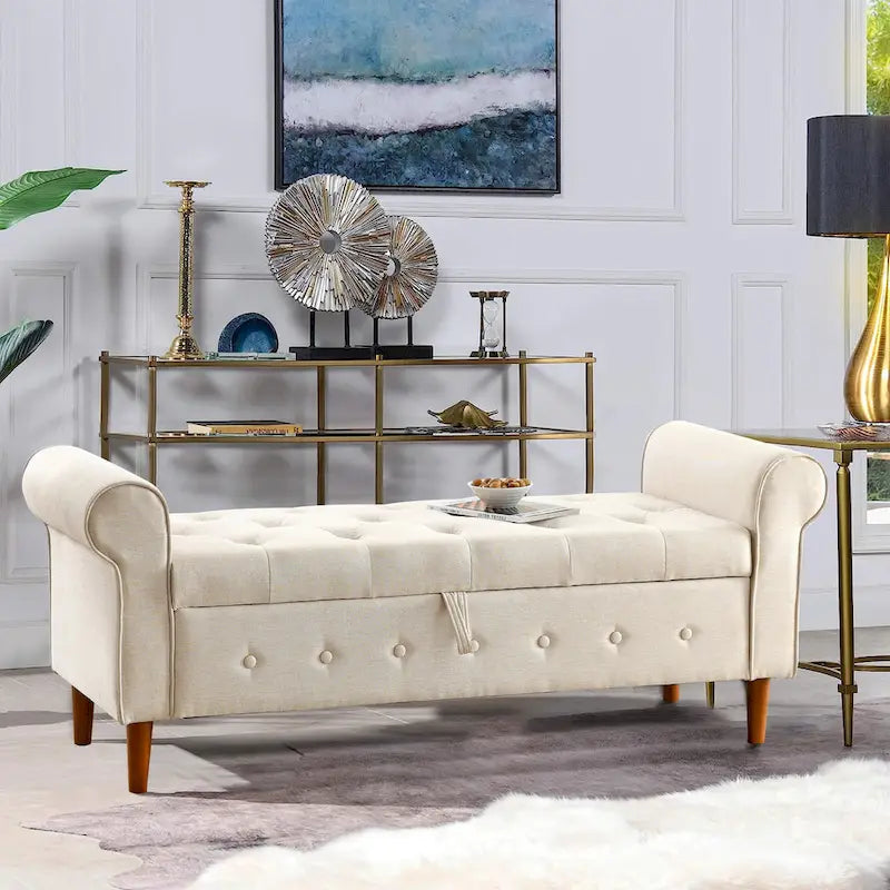 Banc de rangement capitonné en tissu avec accoudoirs arrondis – Gris / Noir / Beige / Bleu, 2 places
