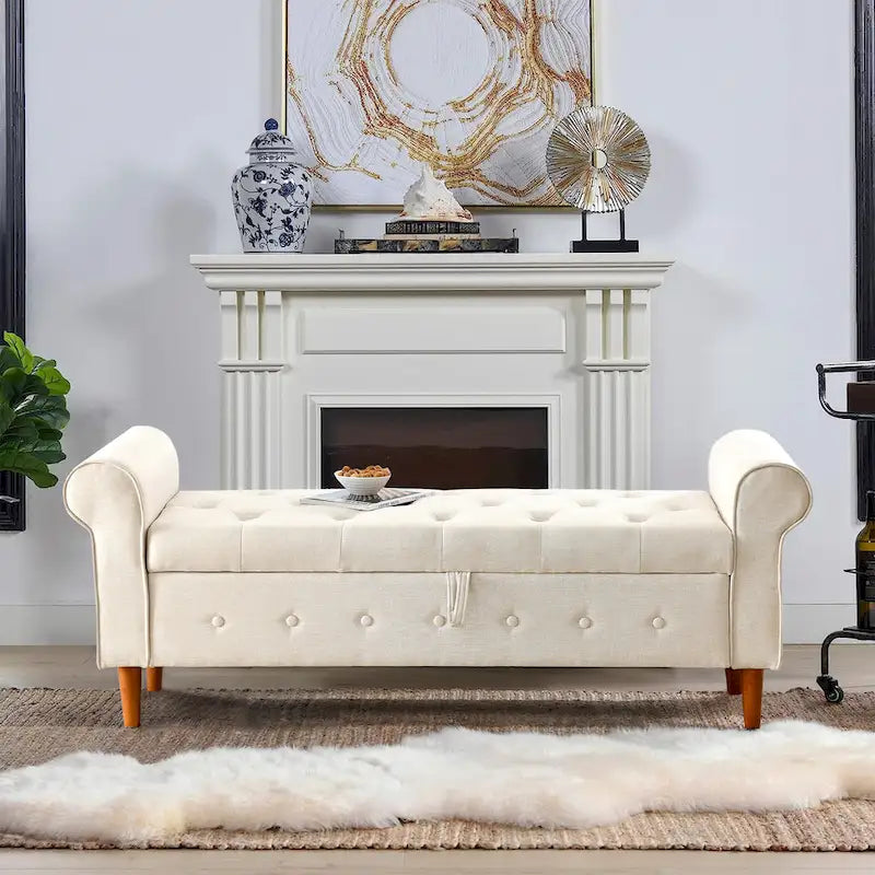 Banc de rangement capitonné en tissu avec accoudoirs arrondis – Gris / Noir / Beige / Bleu, 2 places