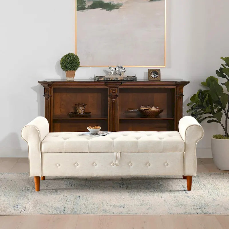 Banc de rangement capitonné en tissu avec accoudoirs arrondis – Gris / Noir / Beige / Bleu, 2 places