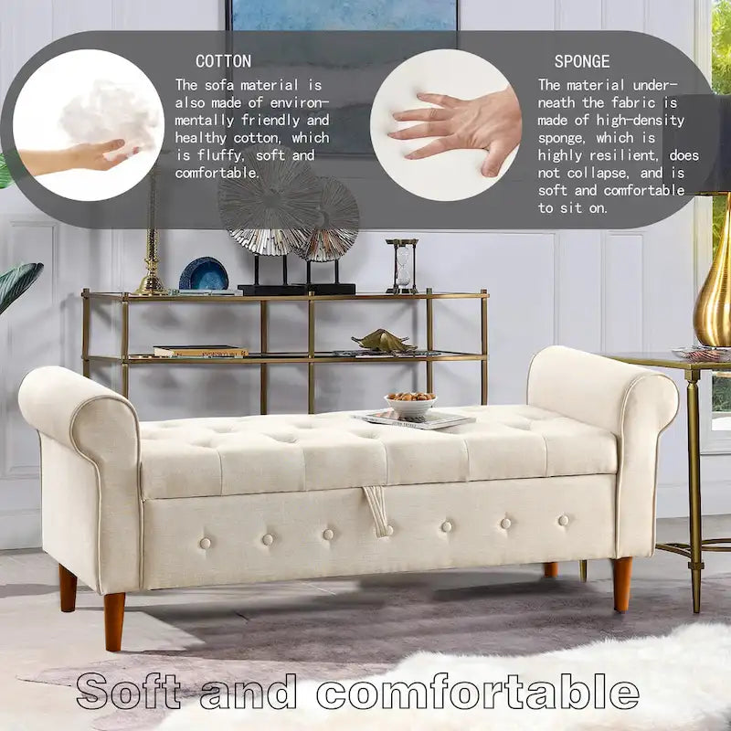 Banc de rangement capitonné en tissu avec accoudoirs arrondis – Gris / Noir / Beige / Bleu, 2 places