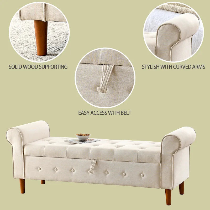 Banc de rangement capitonné en tissu avec accoudoirs arrondis – Gris / Noir / Beige / Bleu, 2 places