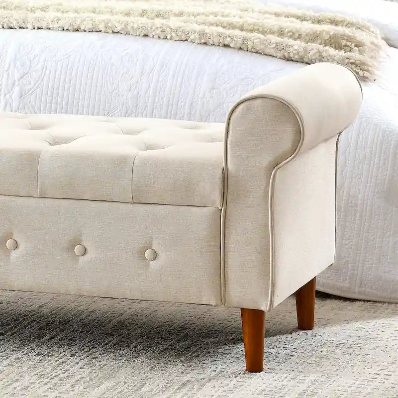 Banc de rangement capitonné en tissu avec accoudoirs arrondis – Gris / Noir / Beige / Bleu, 2 places