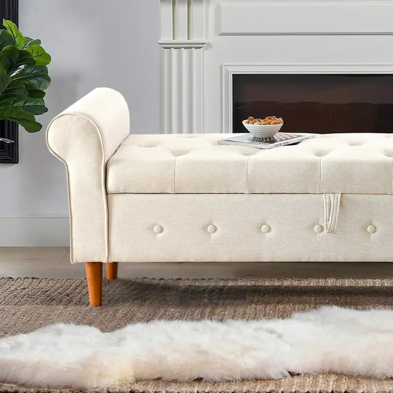 Banc de rangement capitonné en tissu avec accoudoirs arrondis – Gris / Noir / Beige / Bleu, 2 places