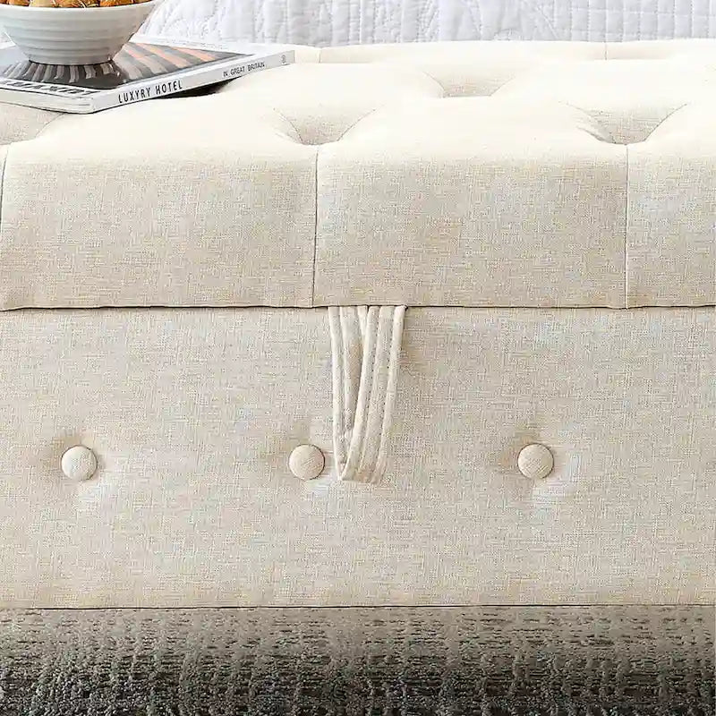 Banc de rangement capitonné en tissu avec accoudoirs arrondis – Gris / Noir / Beige / Bleu, 2 places