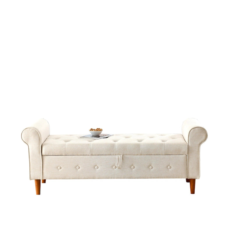 Banc de rangement capitonné en tissu avec accoudoirs arrondis – Gris / Noir / Beige / Bleu, 2 places
