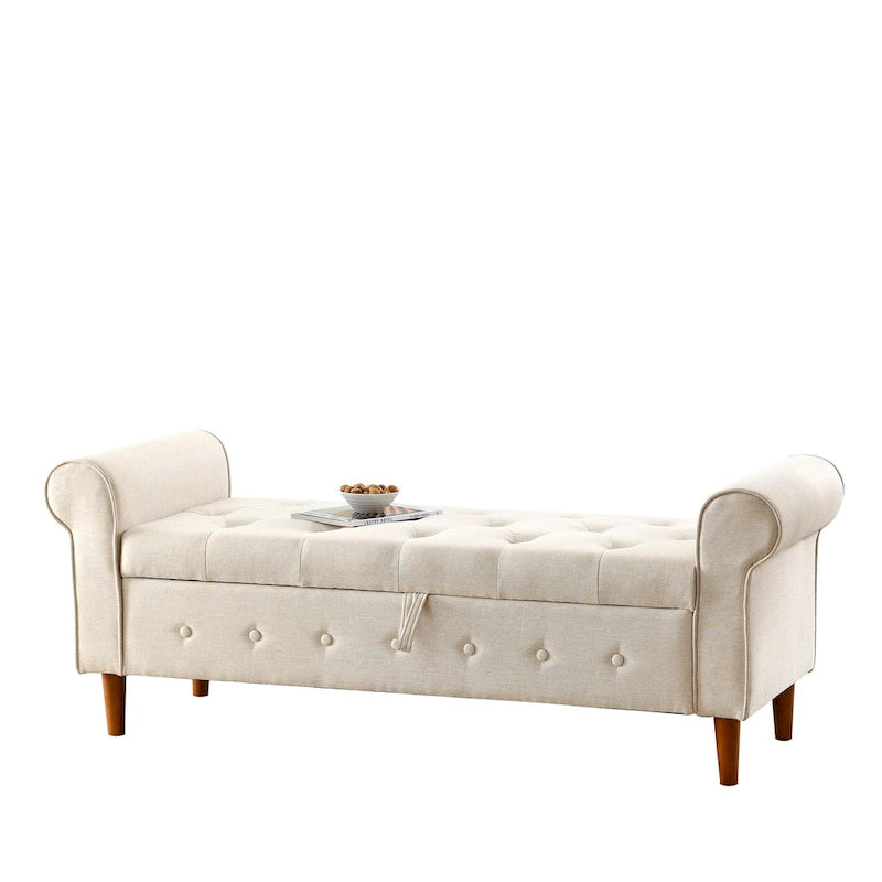 Banc de rangement capitonné en tissu avec accoudoirs arrondis – Gris / Noir / Beige / Bleu, 2 places