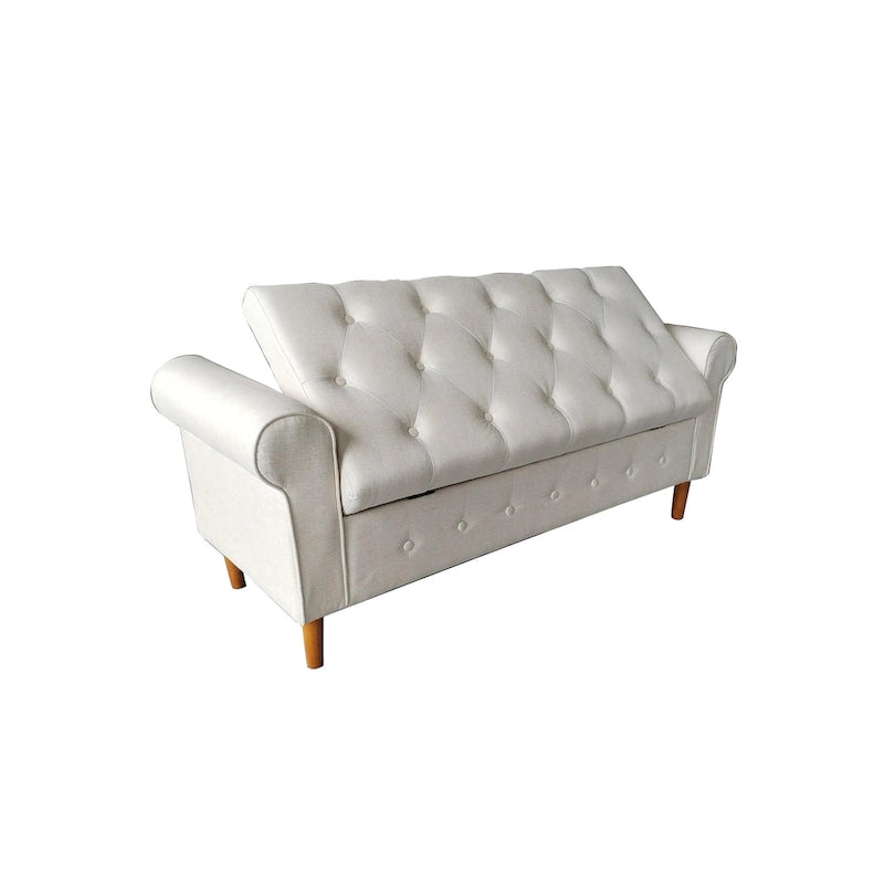 Banc de rangement capitonné en tissu avec accoudoirs arrondis – Gris / Noir / Beige / Bleu, 2 places
