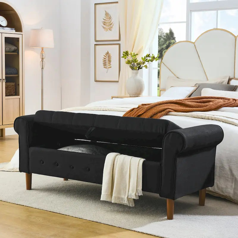 Banc de rangement capitonné en tissu avec accoudoirs arrondis – Gris / Noir / Beige / Bleu, 2 places