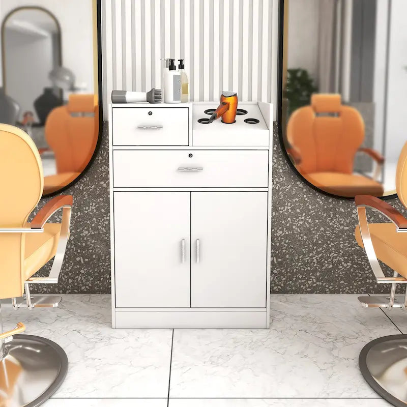 Meuble de rangement blanc pour salon de coiffure avec support pour sèche-cheveux – 2 tiroirs et 1 armoire, poste individuel