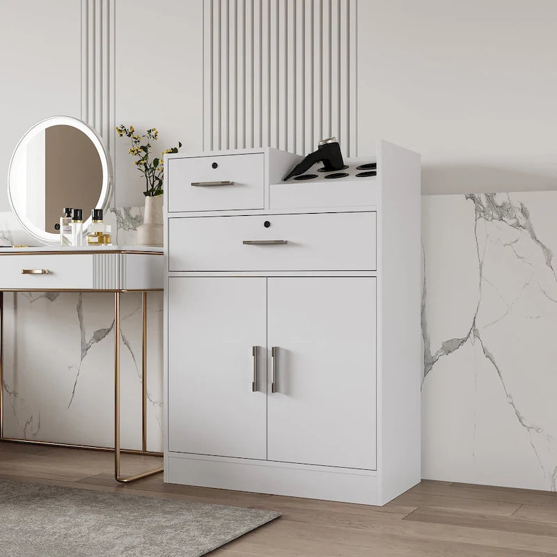 Meuble de rangement blanc pour salon de coiffure avec support pour sèche-cheveux – 2 tiroirs et 1 armoire, poste individuel