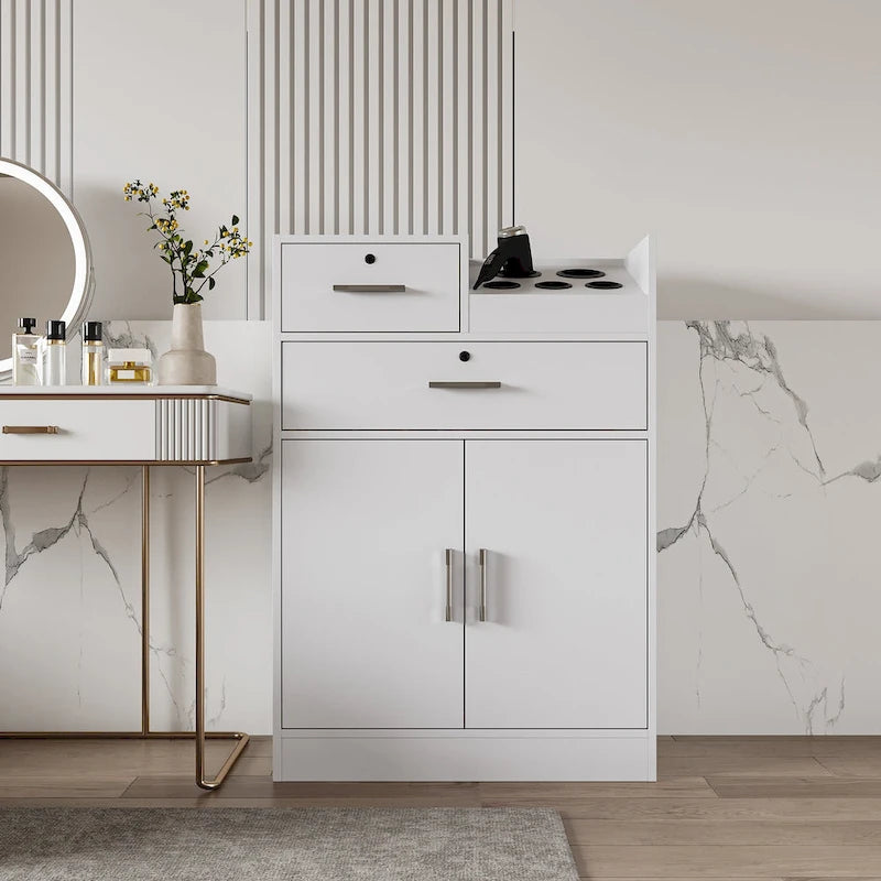 Meuble de rangement blanc pour salon de coiffure avec support pour sèche-cheveux – 2 tiroirs et 1 armoire, poste individuel