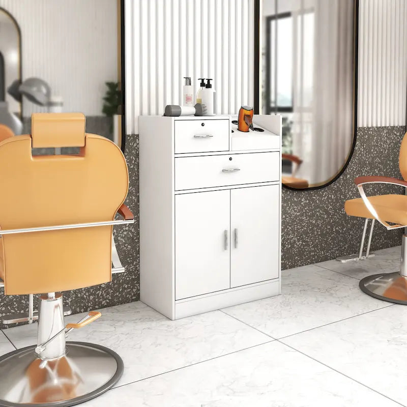 Meuble de rangement blanc pour salon de coiffure avec support pour sèche-cheveux – 2 tiroirs et 1 armoire, poste individuel