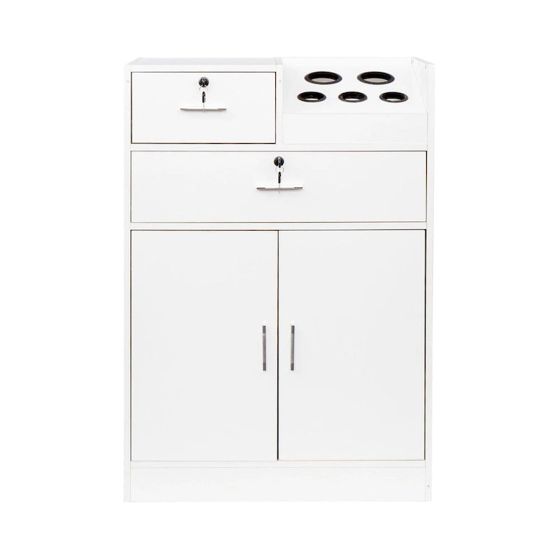 Meuble de rangement blanc pour salon de coiffure avec support pour sèche-cheveux – 2 tiroirs et 1 armoire, poste individuel