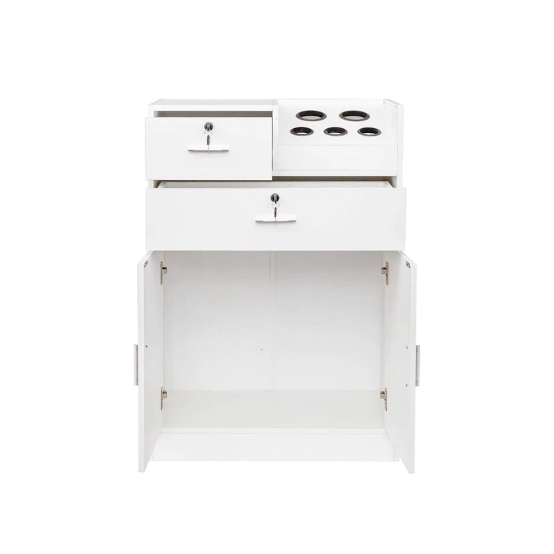 Meuble de rangement blanc pour salon de coiffure avec support pour sèche-cheveux – 2 tiroirs et 1 armoire, poste individuel