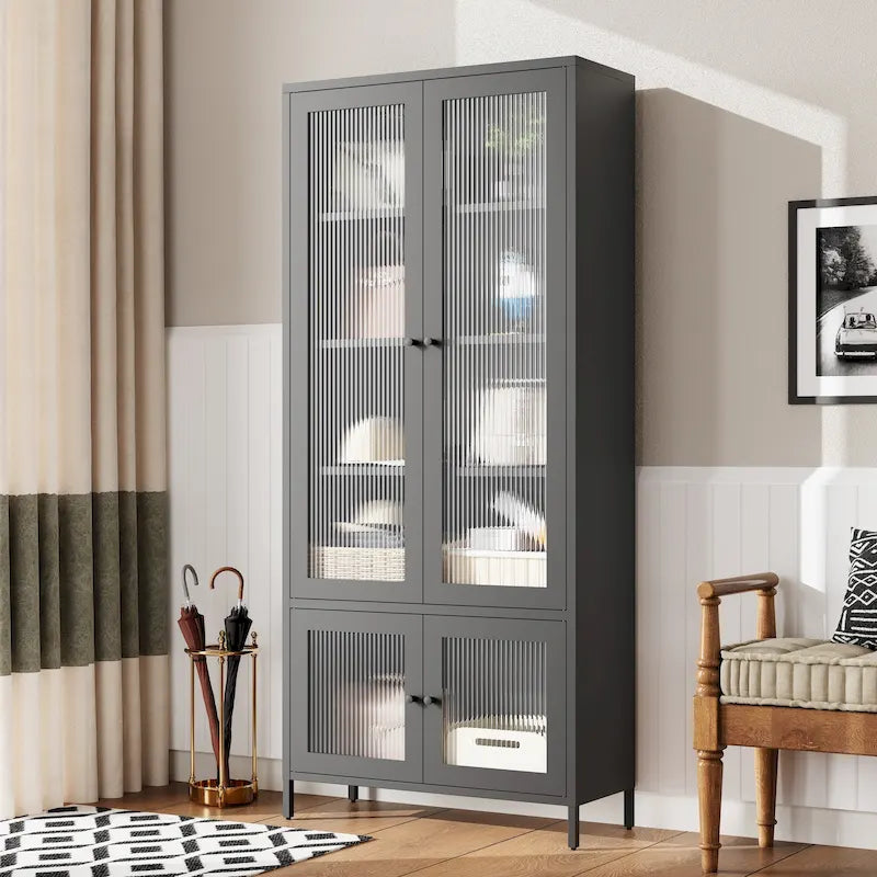 Armoire de rangement en métal avec porte en verre cannelé noir/foncé, 5 étagères, assemblage par 1 personne