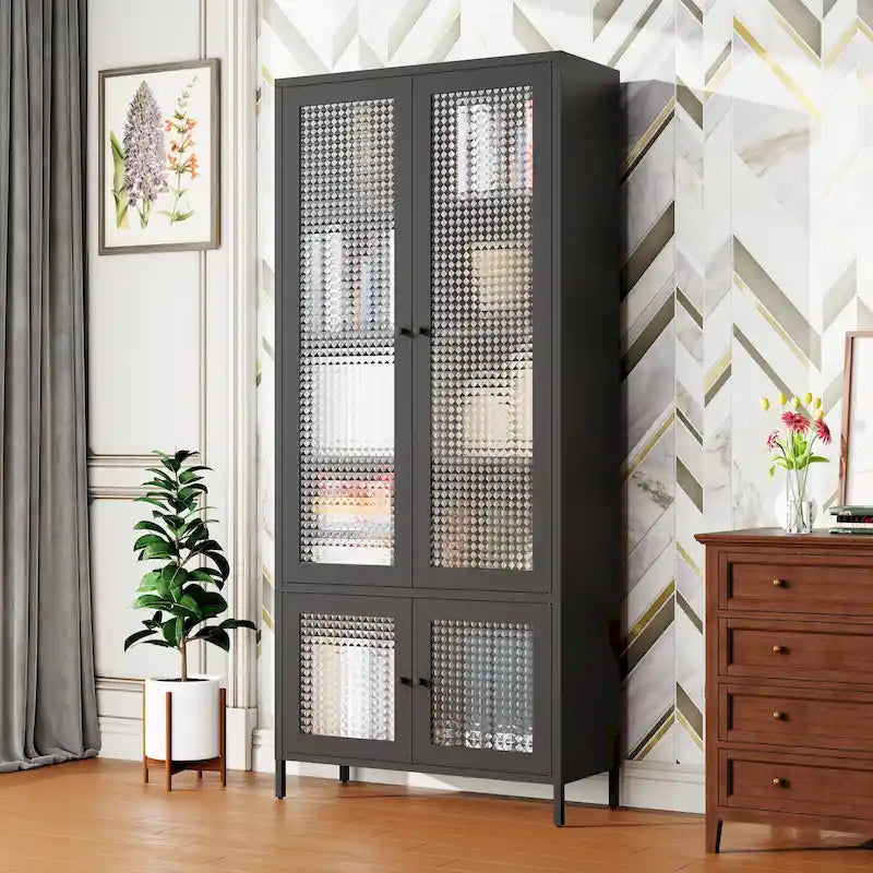 Armoire de rangement en métal avec porte en verre cannelé noir/foncé, 5 étagères, assemblage par 1 personne