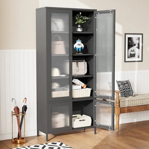 Armoire de rangement en métal avec porte en verre cannelé noir/foncé, 5 étagères, assemblage par 1 personne