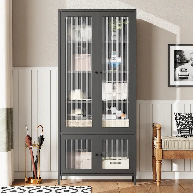 Armoire de rangement en métal avec porte en verre cannelé noir/foncé, 5 étagères, assemblage par 1 personne
