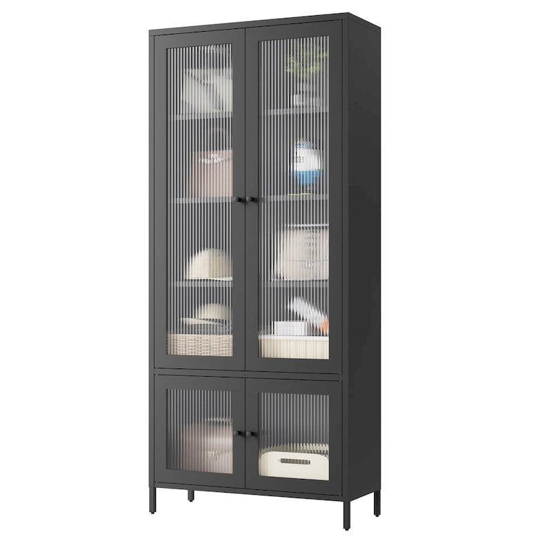 Armoire de rangement en métal avec porte en verre cannelé noir/foncé, 5 étagères, assemblage par 1 personne