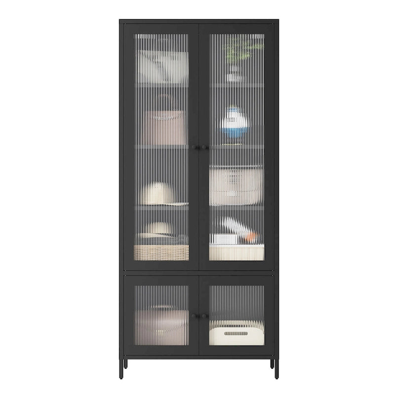 Armoire de rangement en métal avec porte en verre cannelé noir/foncé, 5 étagères, assemblage par 1 personne