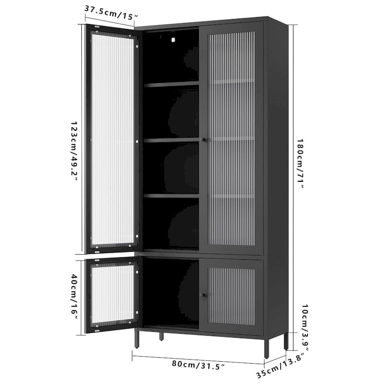 Armoire de rangement en métal avec porte en verre cannelé noir/foncé, 5 étagères, assemblage par 1 personne