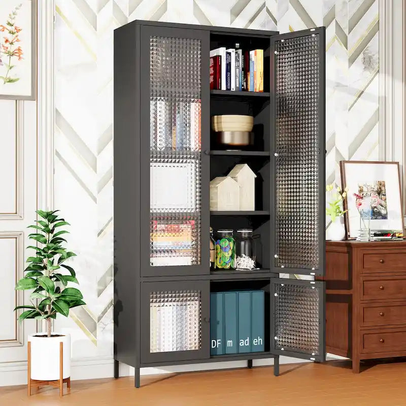 Armoire de rangement en métal avec porte en verre cannelé noir/foncé, 5 étagères, assemblage par 1 personne