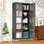 Armoire de rangement en métal avec porte en verre cannelé noir/foncé, 5 étagères, assemblage par 1 personne