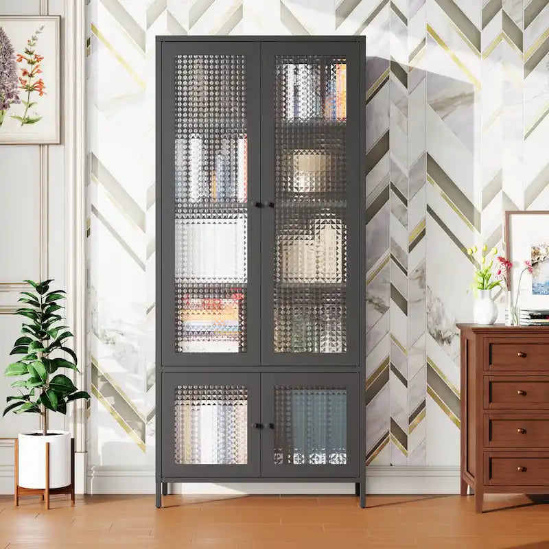 Armoire de rangement en métal avec porte en verre cannelé noir/foncé, 5 étagères, assemblage par 1 personne