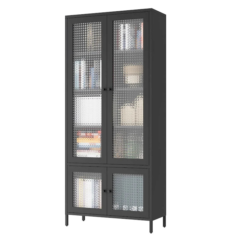 Armoire de rangement en métal avec porte en verre cannelé noir/foncé, 5 étagères, assemblage par 1 personne