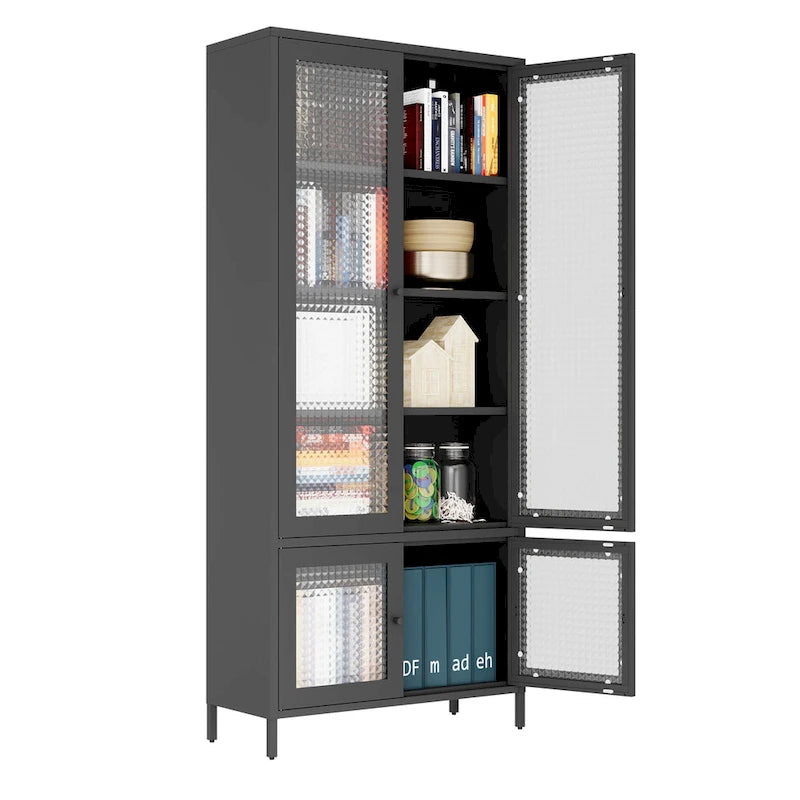 Armoire de rangement en métal avec porte en verre cannelé noir/foncé, 5 étagères, assemblage par 1 personne