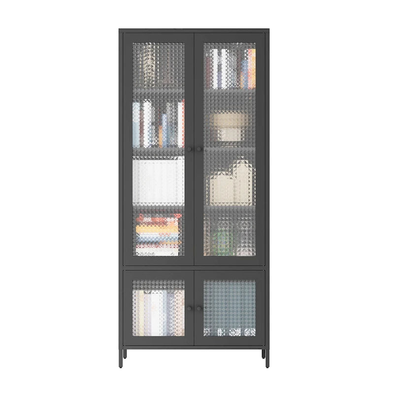 Armoire de rangement en métal avec porte en verre cannelé noir/foncé, 5 étagères, assemblage par 1 personne