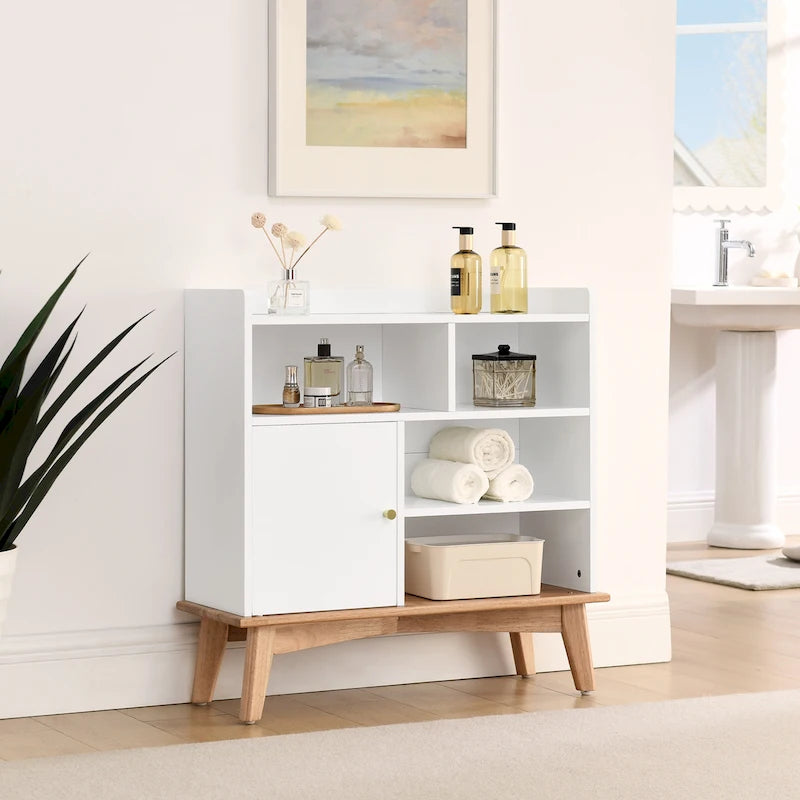 Meuble de rangement chêne naturel et blocs de couleur blanc cassé, meuble bas à étagère ouverte